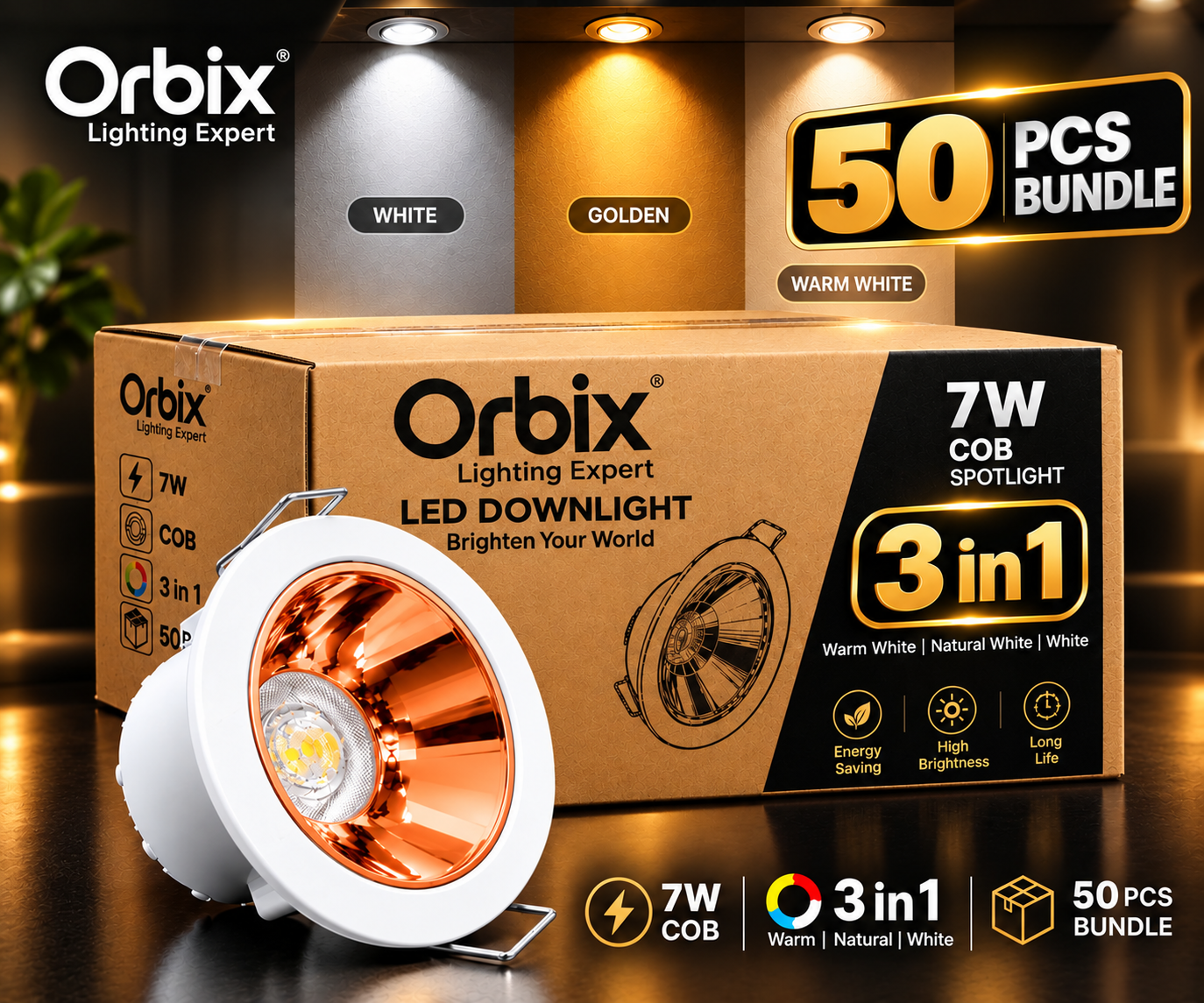 50 PCS Bundle | OrbiX 7W 3-in-1 COB LED Downlight