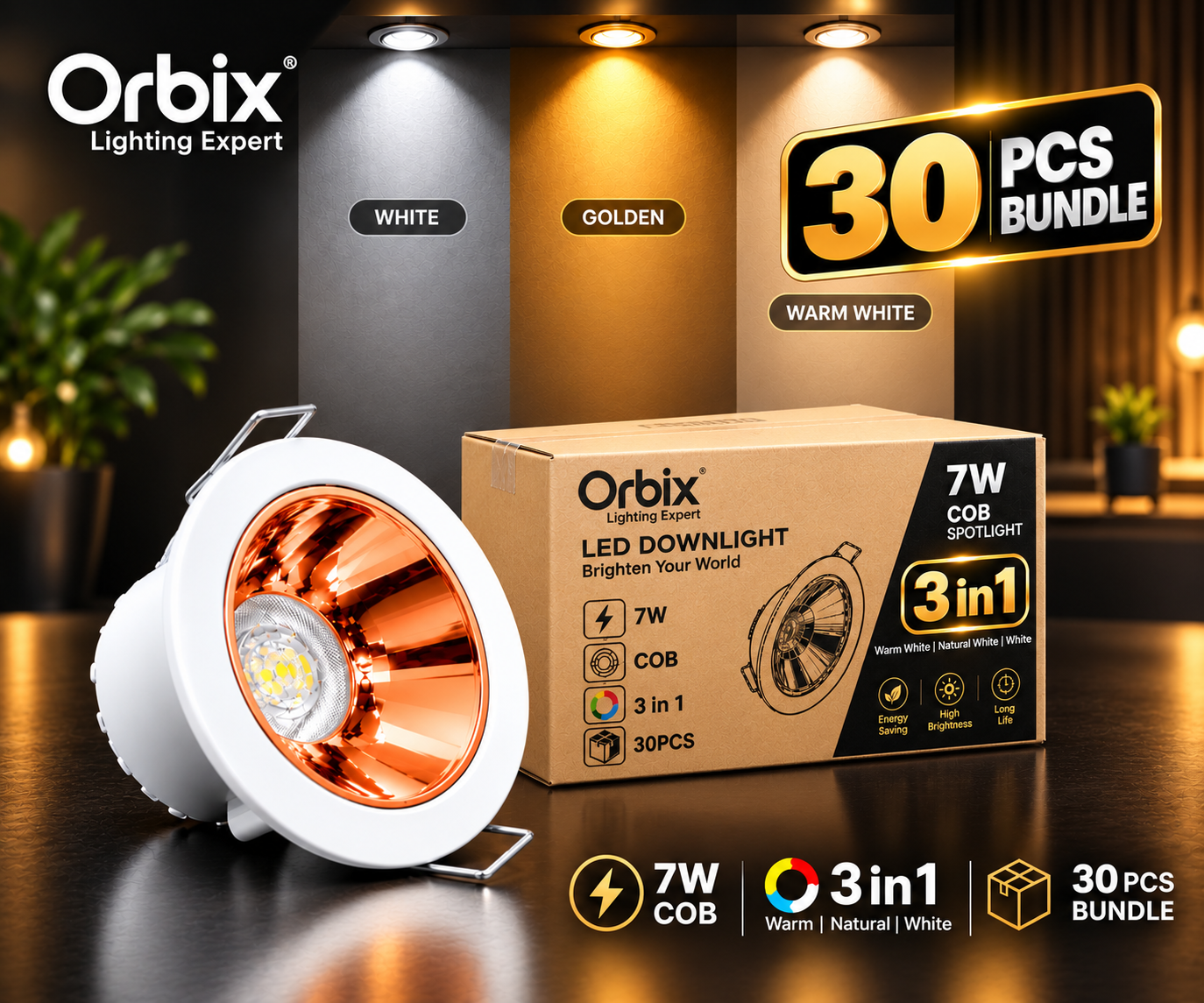 30 PCS Bundle | OrbiX 7W 3-in-1 COB LED Downlight