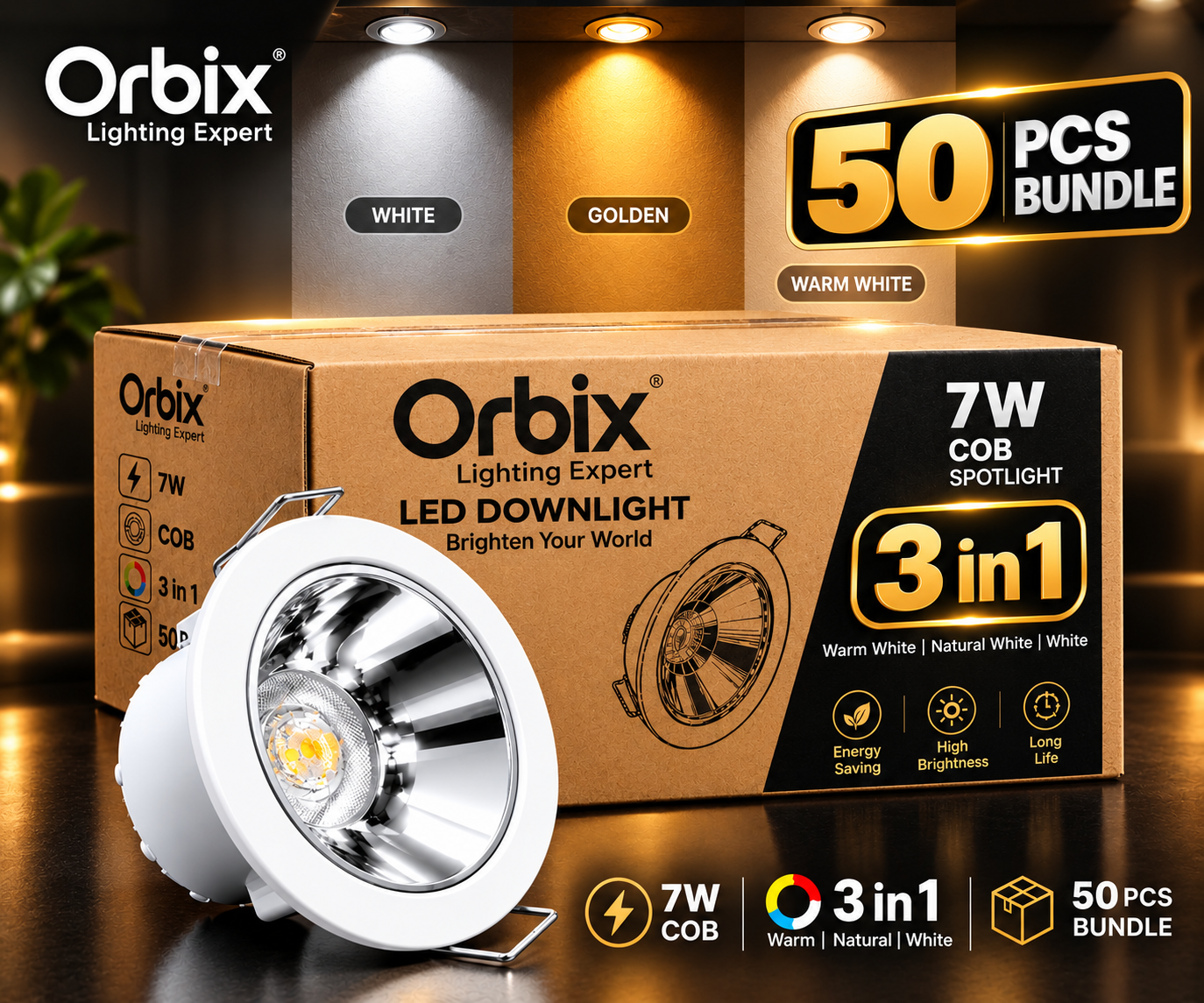 50 PCS Bundle | OrbiX 7W 3-in-1 COB LED Downlight