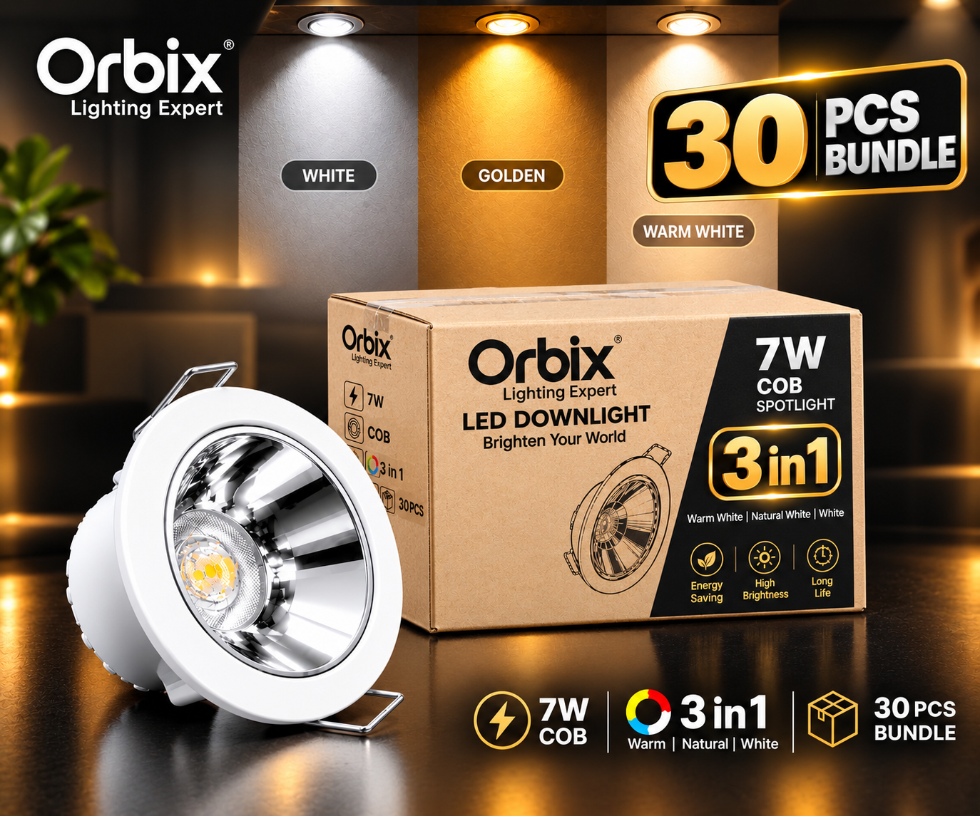 30 PCS Bundle | OrbiX 7W 3-in-1 COB LED Downlight