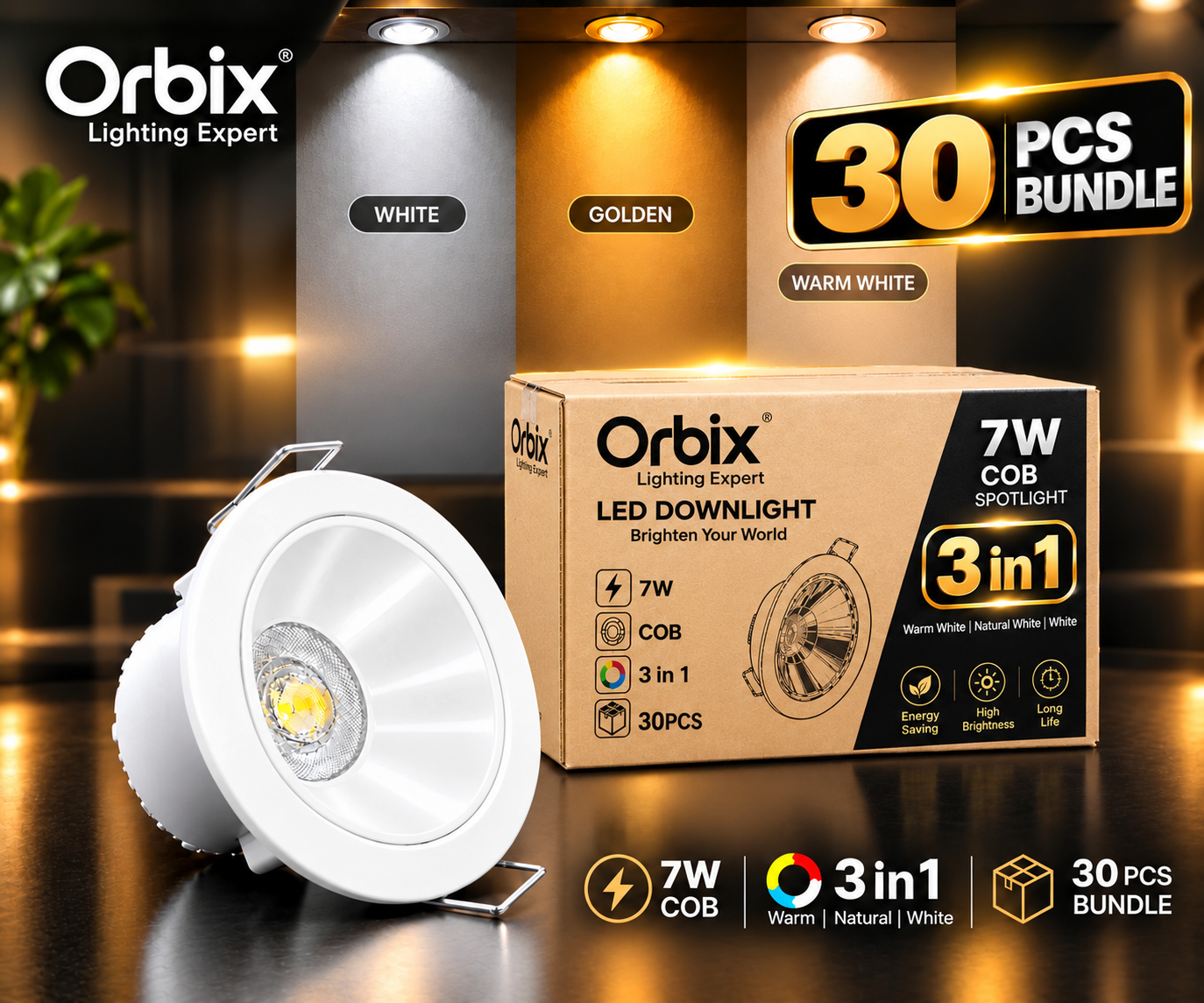 30 PCS Bundle | OrbiX 7W 3-in-1 COB LED Downlight