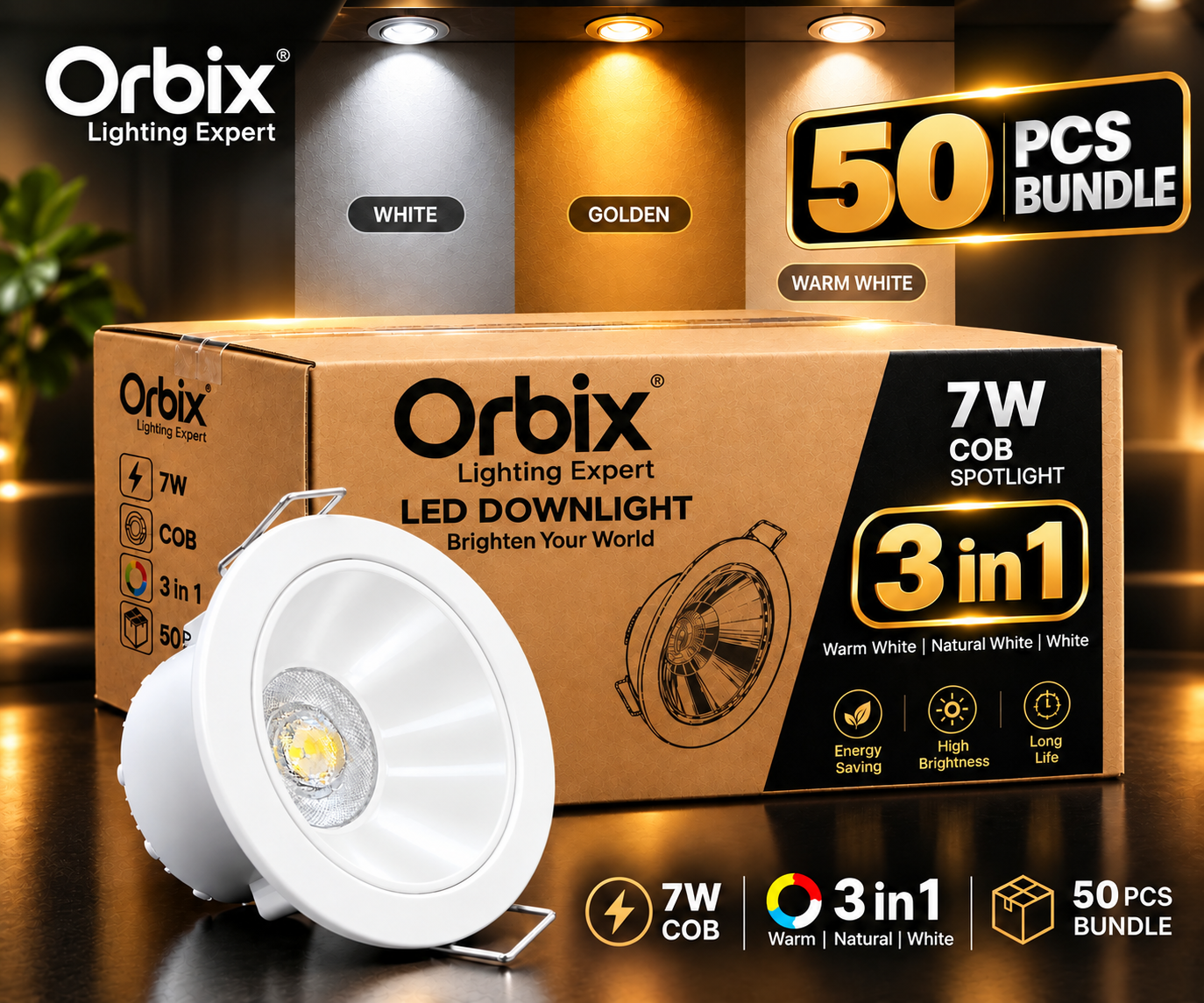 50 PCS Bundle | OrbiX 7W 3-in-1 COB LED Downlight