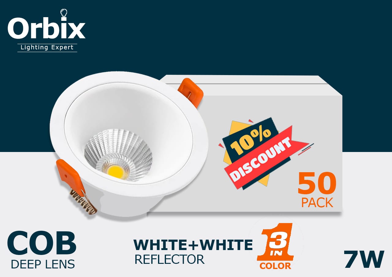 7W COB Deep Lens Downlight – White+white reflector | 3-in-1 Color | Pack Of 50
