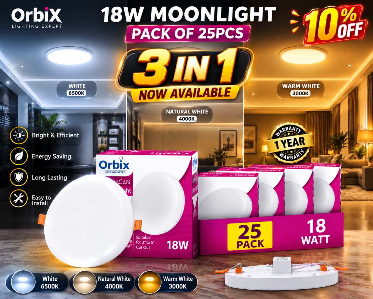 OrbiX 18W 3-in-1 Moonlight LED Panel Light (Pack of 25)