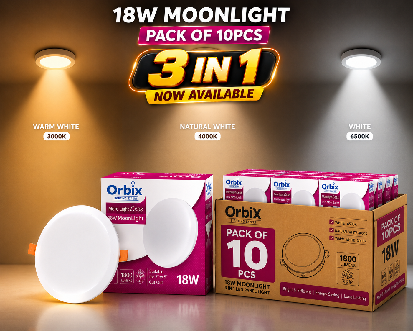 Orbix 18W MoonLight LED Panel – 3-in-1 Color, Pack of 10