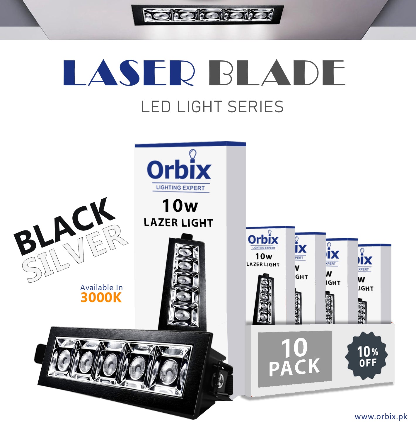 Laser Blade 10W LED Light | Silver | 3000K Warm White | Pack Of 10