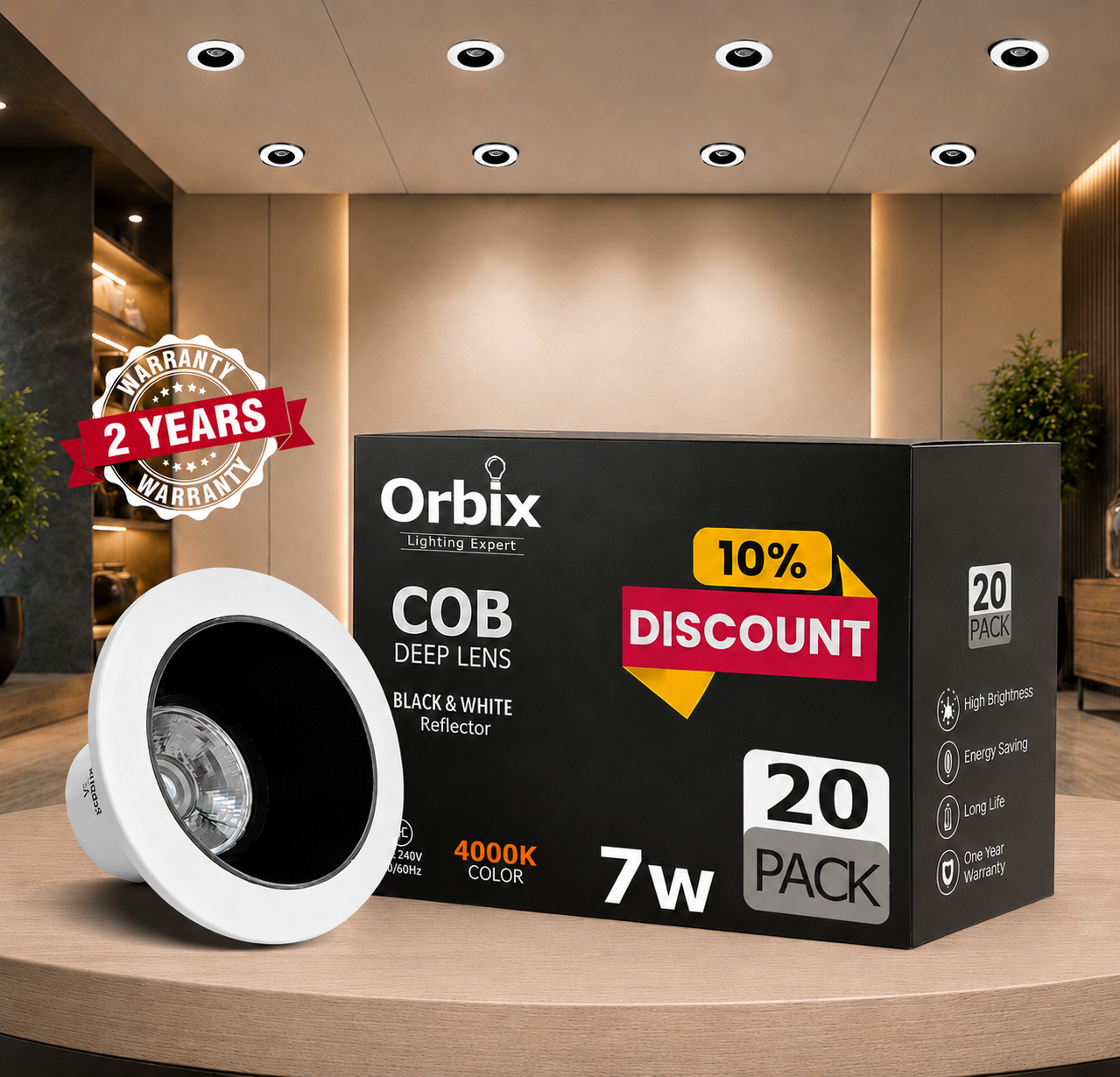 7W COB Deep Lens (Black & White Reflector) 4000k Pack of 20