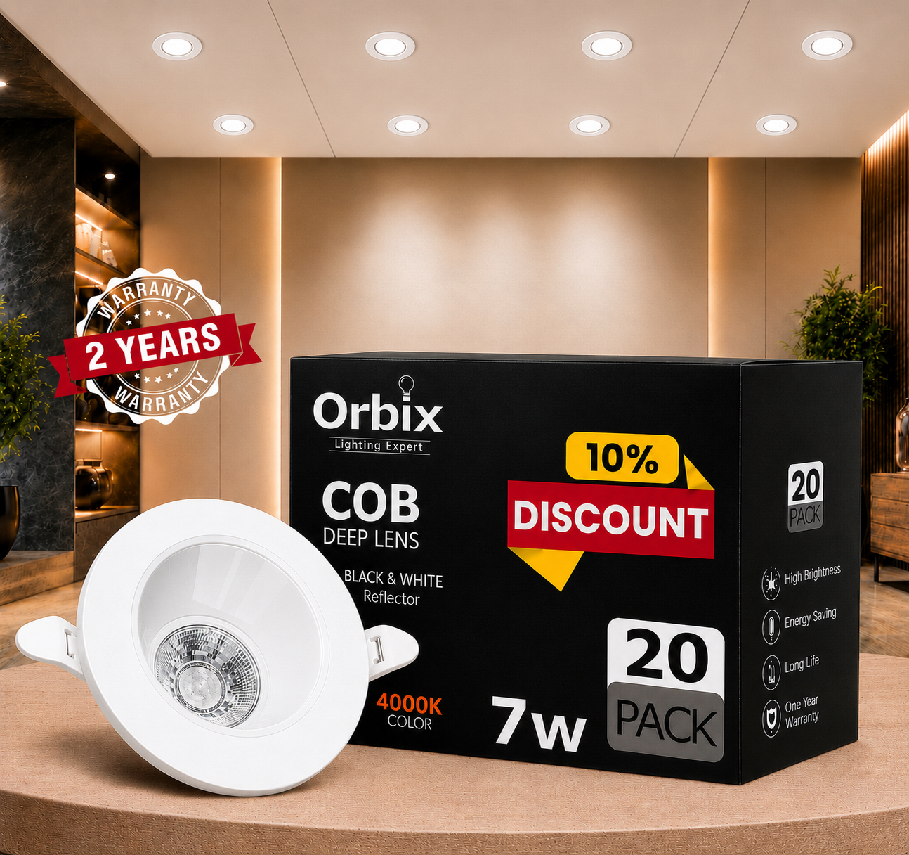7W COB Deep Lens (White & White Reflector) 4000k Pack of 20