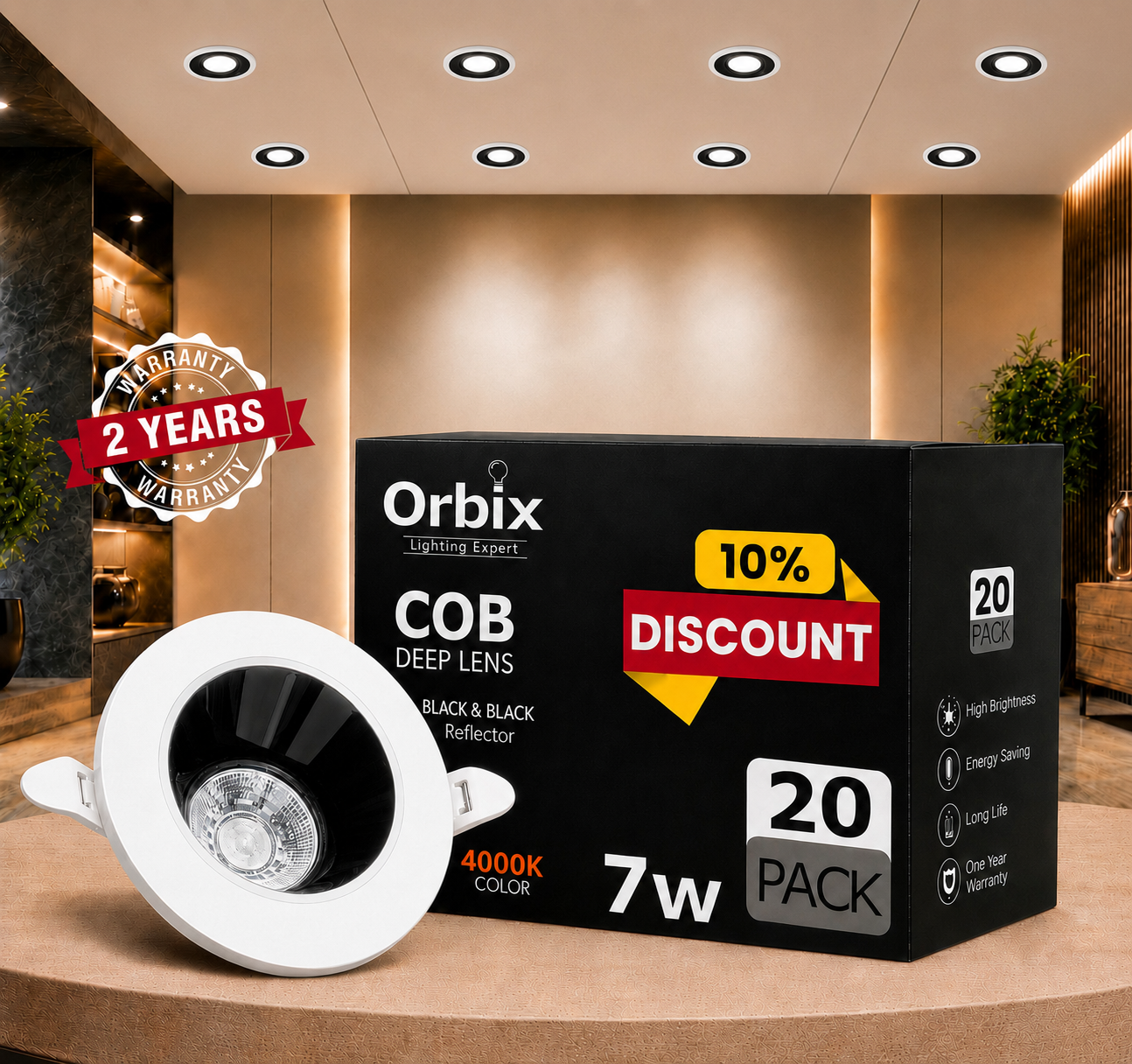 7W COB Deep Lens (Black & White Reflector) 4000k Pack of 20