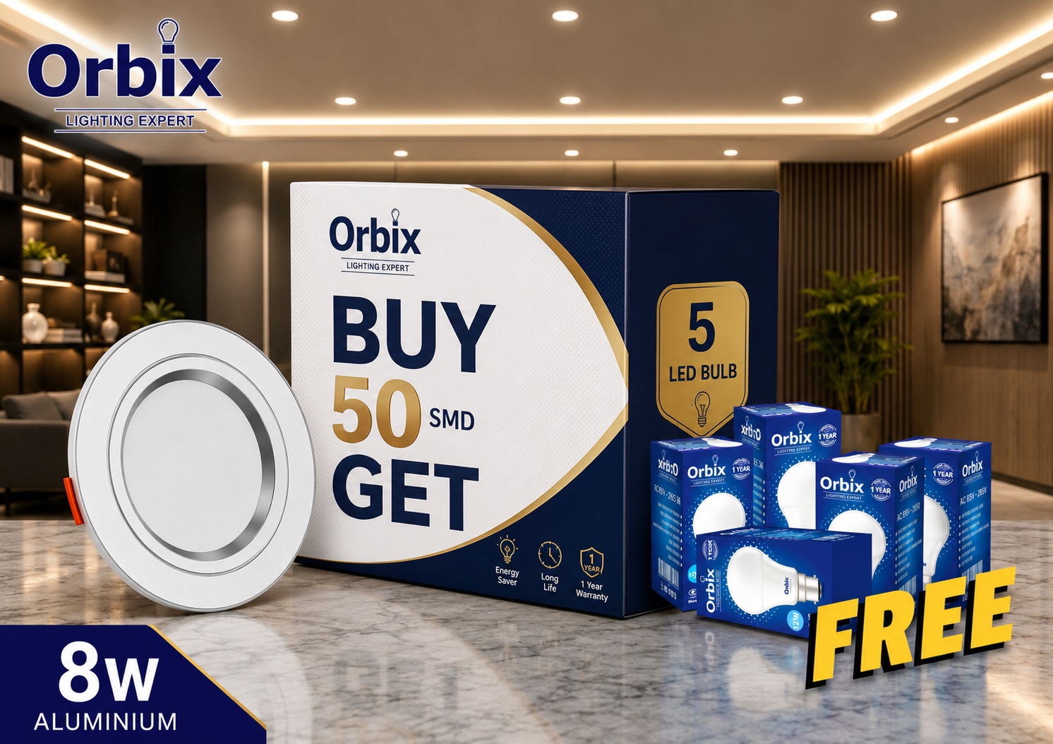8W Aluminum SMD | Pack of 50 & Get Free 5 LED Bulbs