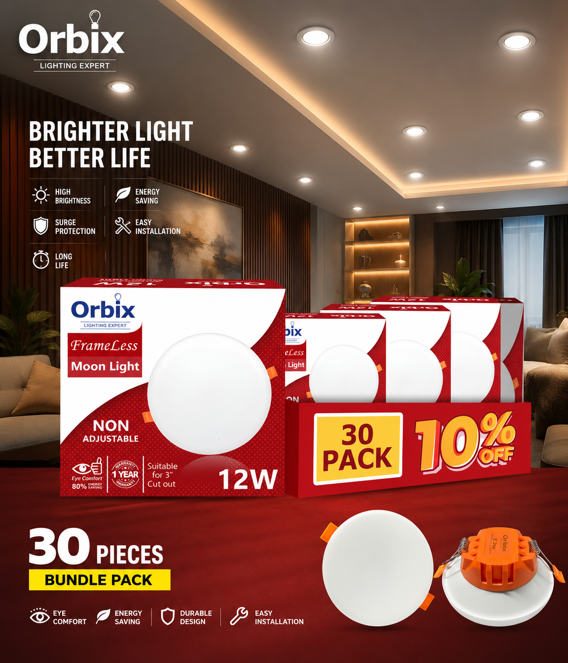 Orbix Frameless Moon Light 12W – Non Adjustable | 30 Pack | 10% OFF