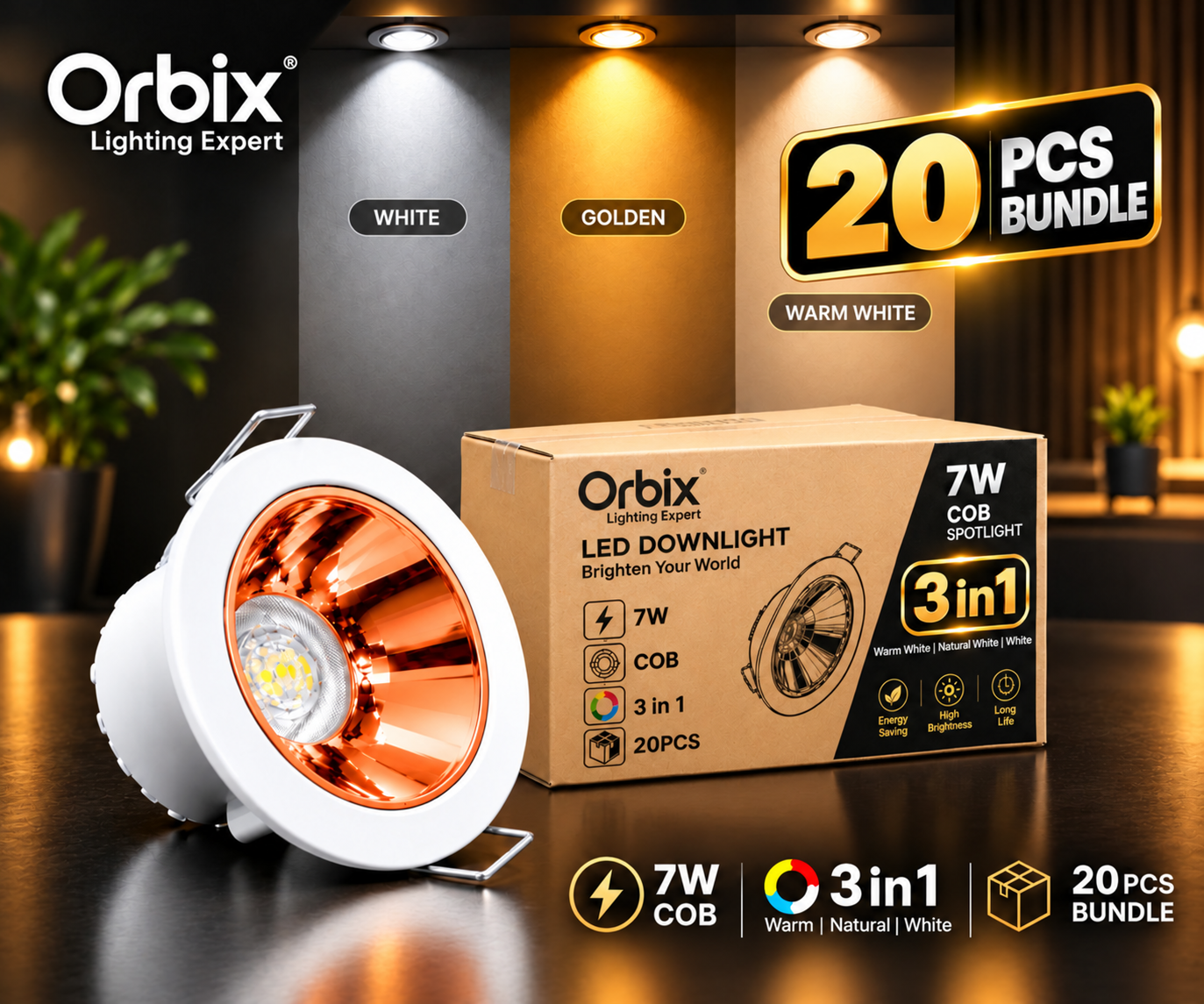 20 PCS Bundle|7W 3-in-1 COB (Rose Gold) Free Delivery